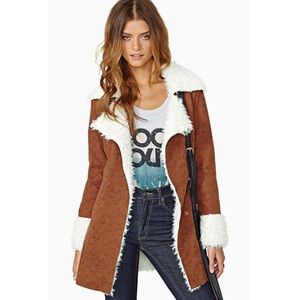 NEW Nasty Gal Penny Lane Shearling Faux Suede Coat Brown Small